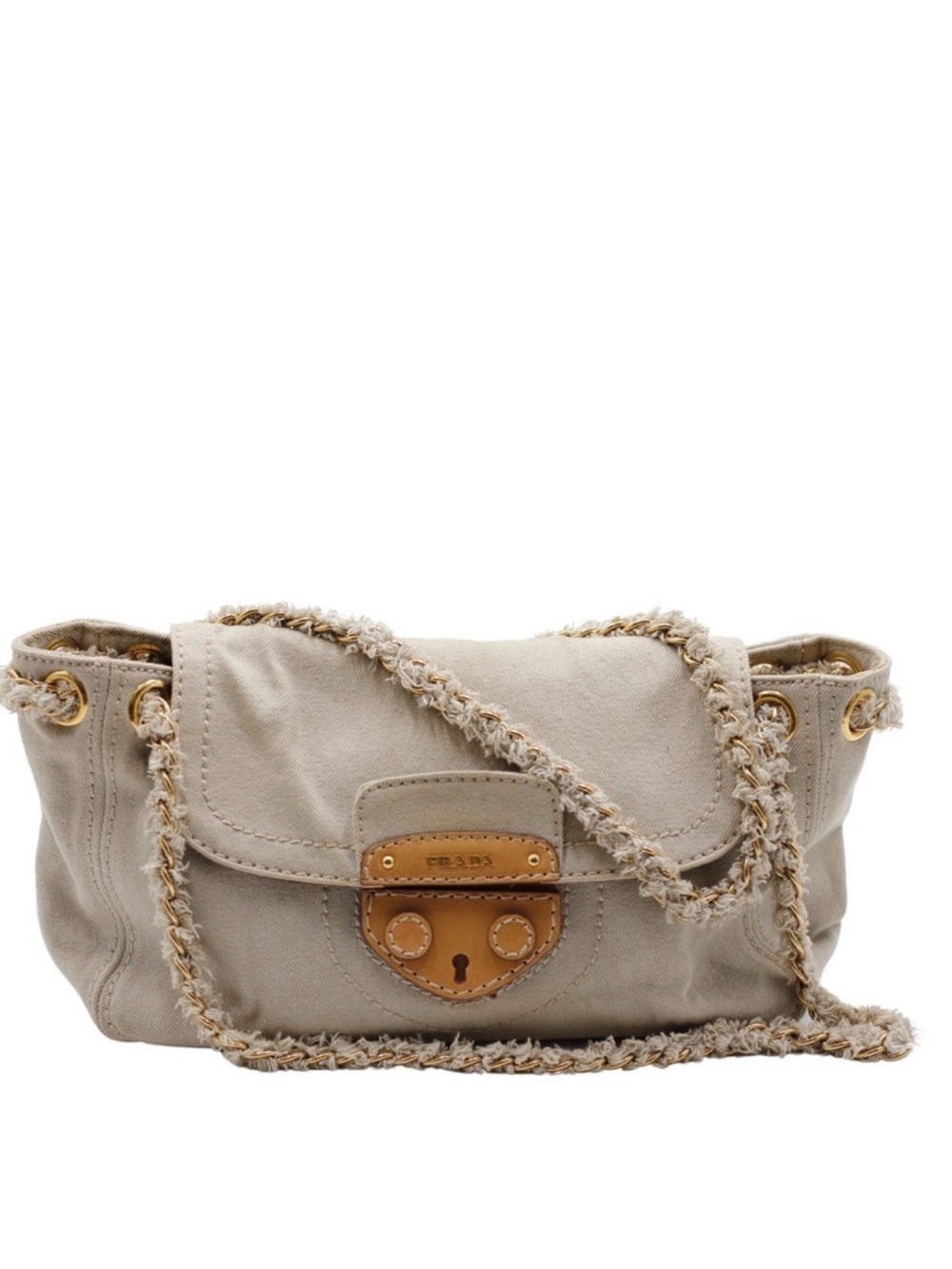 PRADA Authentic Cream Canvas Shoulder Bag with Braided Chain Strap